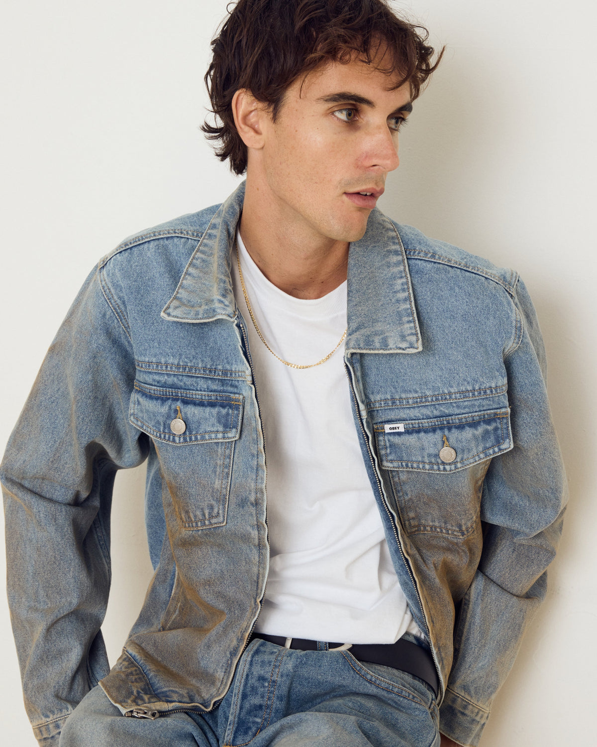 obey base trucker jacket heavy vintage light indigo