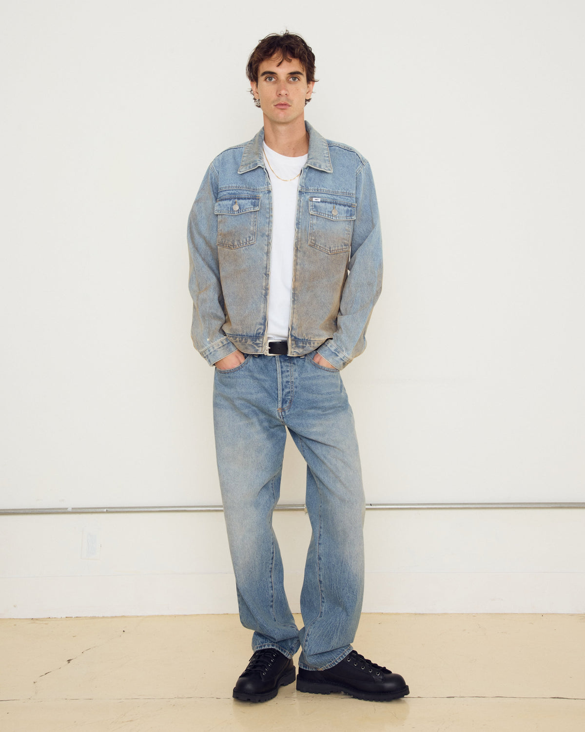 obey base trucker jacket heavy vintage light indigo