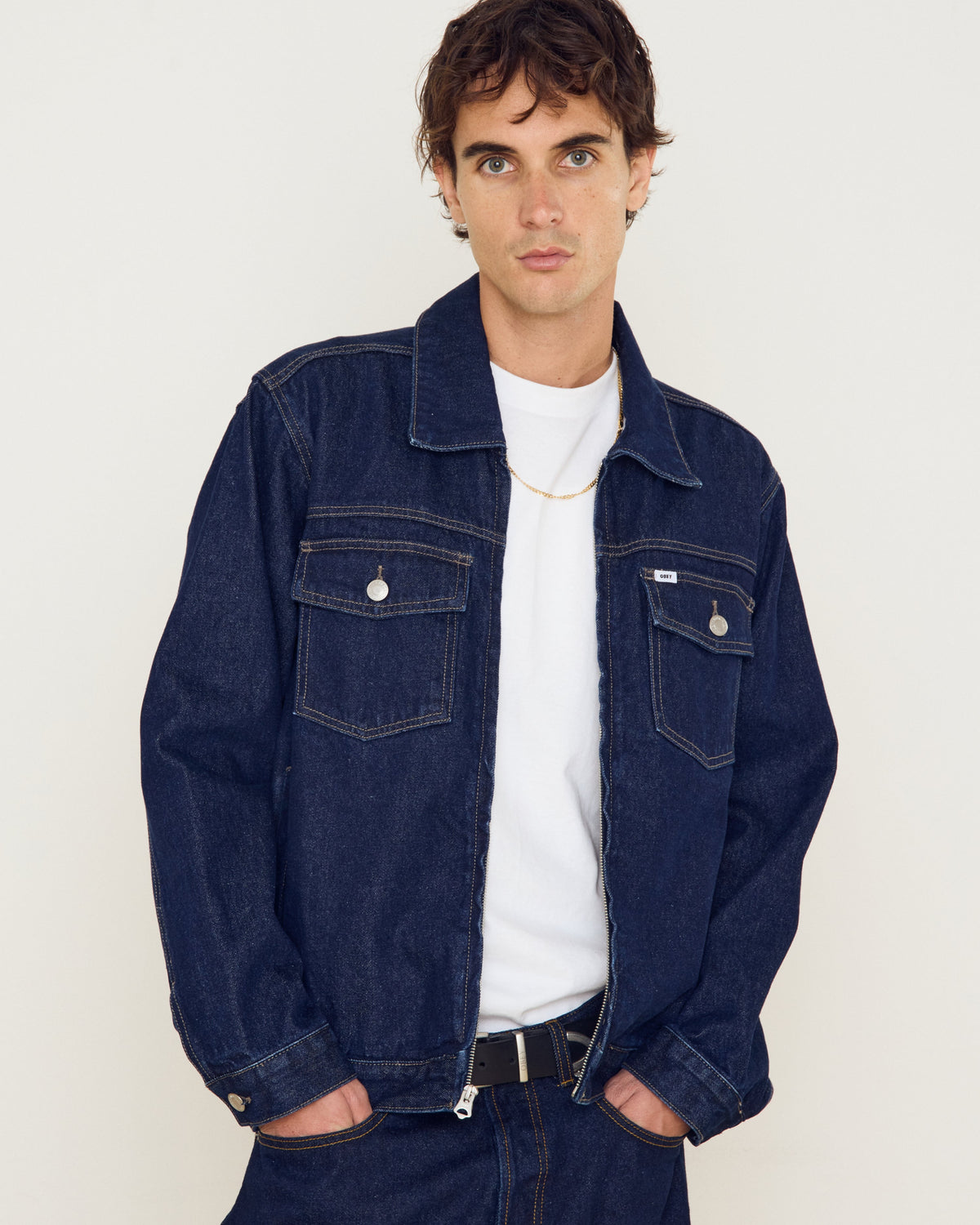 obey base trucker jacket rinse indigo