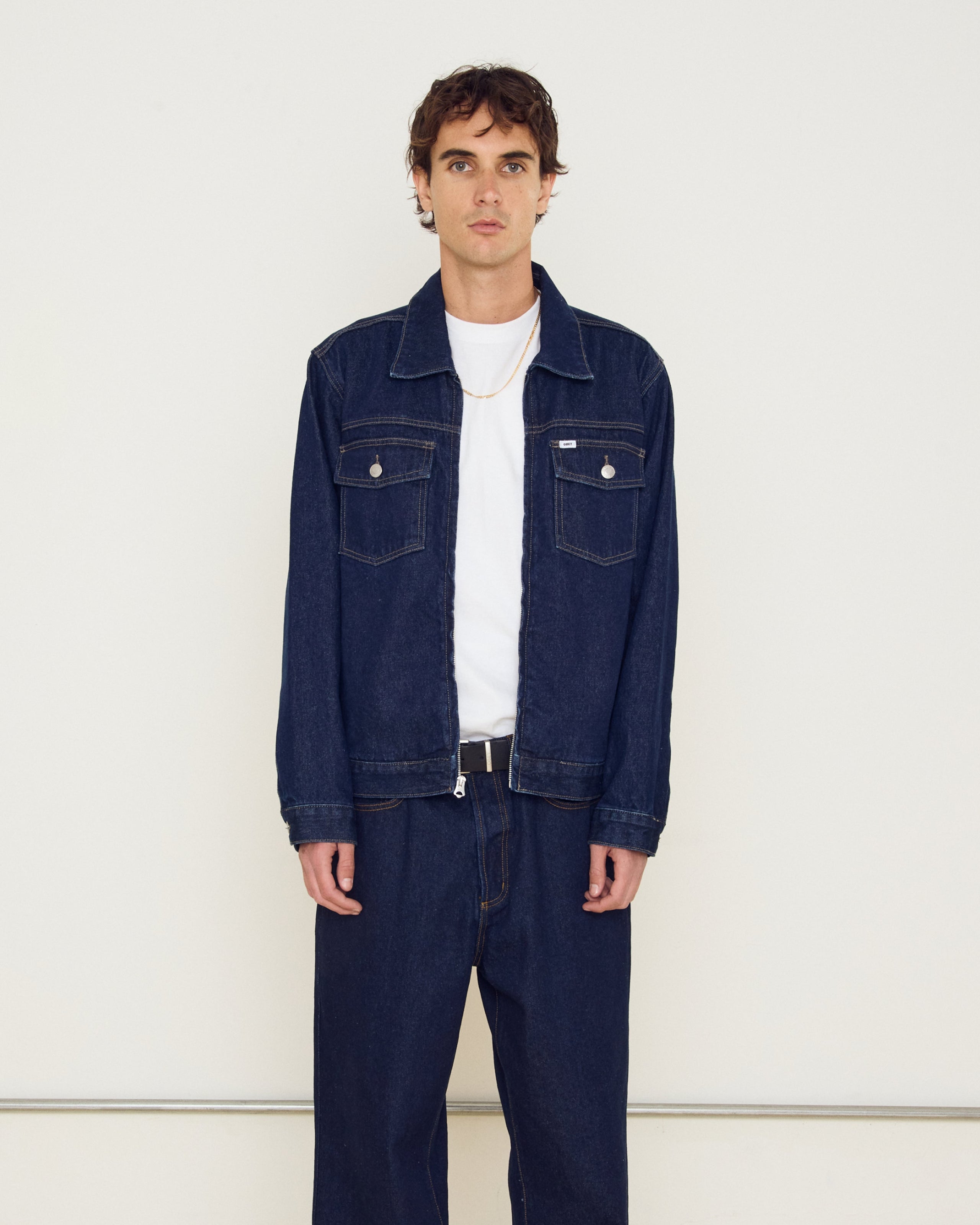 obey base trucker jacket rinse indigo (zoomed)