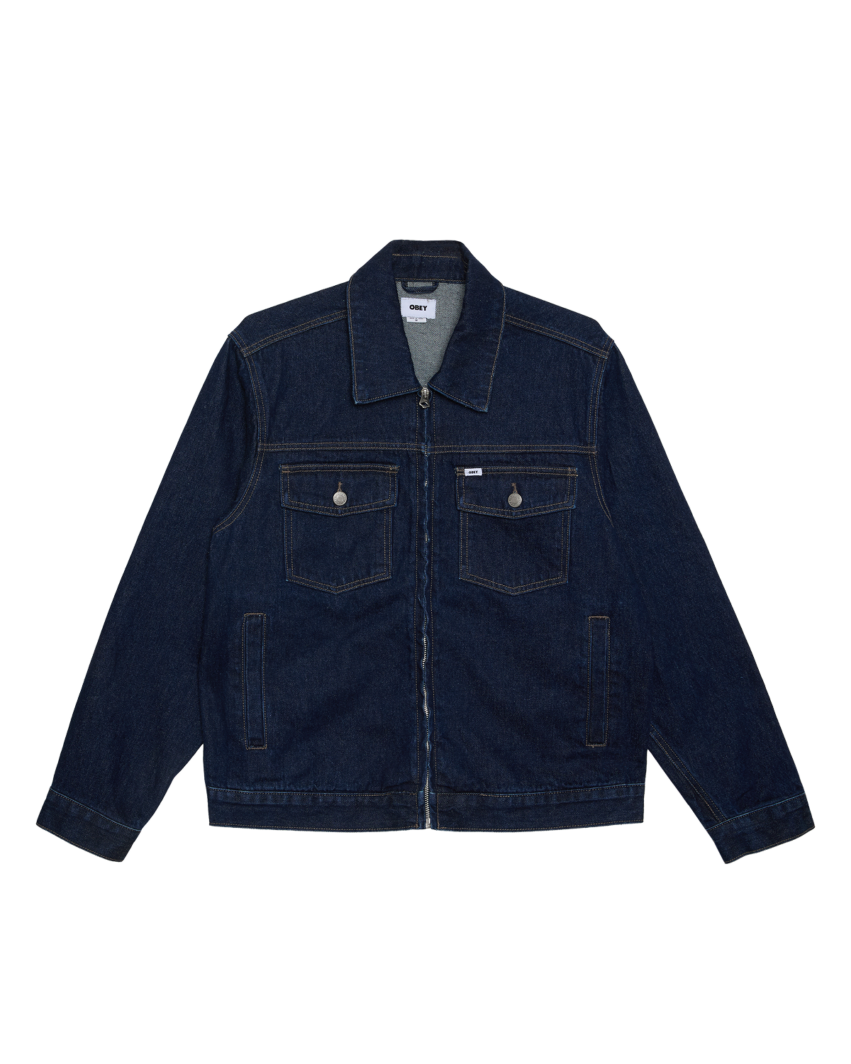 obey base trucker jacket rinse indigo (zoomed)