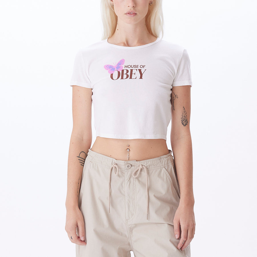 HOUSE OF OBEY BUTTERFLY CROPPED CHLOE FITTED T-SHIRT WHITE