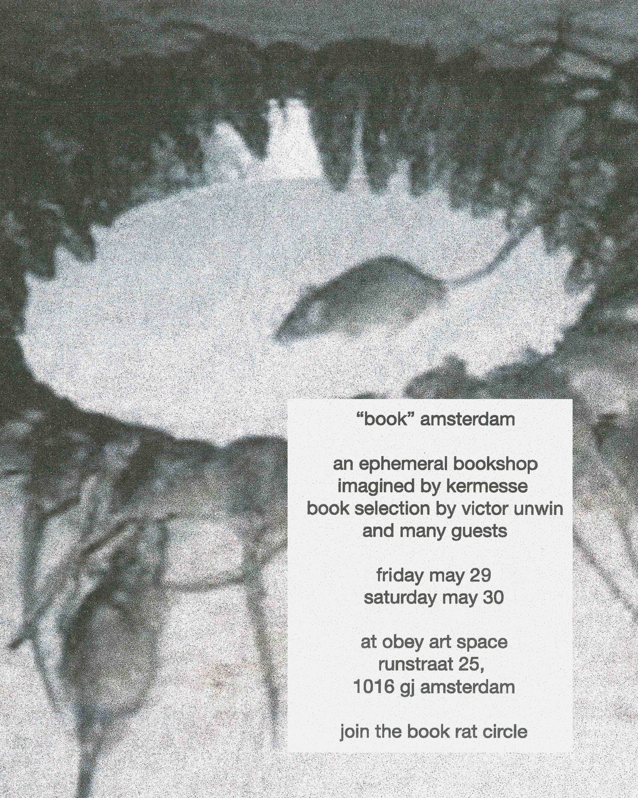 Advertisement for 'book' Amsterdam event with text overlay on a textured background