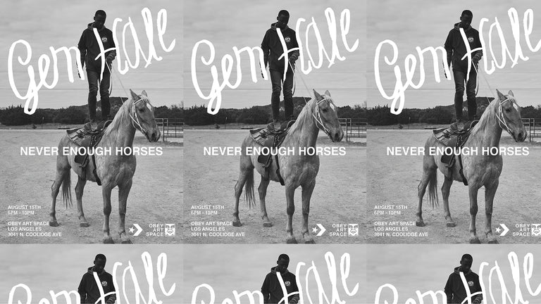 A black and white collage of the same horse-and-rider scene repeated across the frame, overlaid with large white script text reading 'Gem Hall' and the phrase 'NEVER ENOUGH HORSES.' This appears to be album or cover-style artwork rather than a physical product photo, so subject_type is best classified as Other.