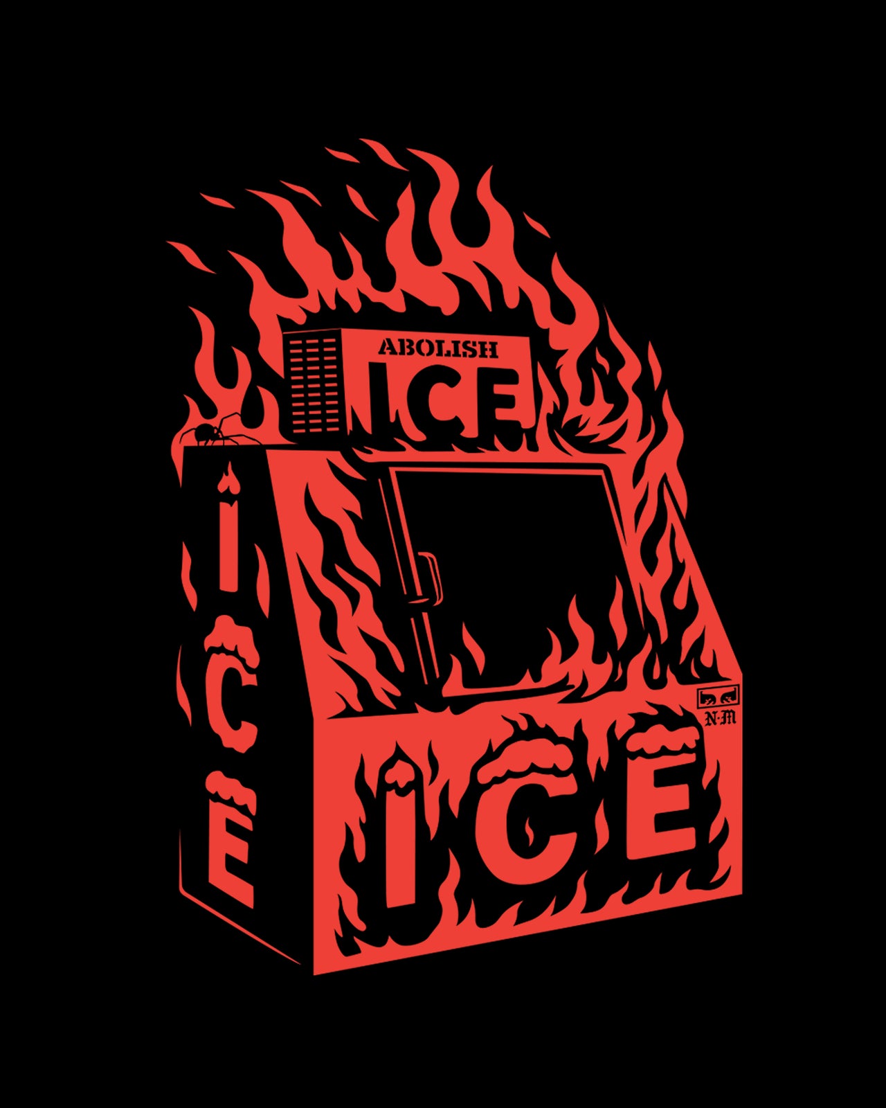 Flaming ice machine with 'Abolish ICE' text on a black background