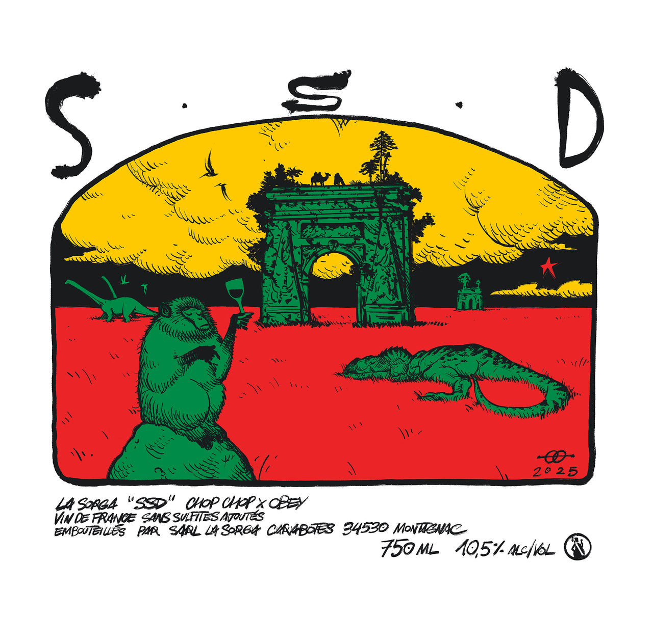 Alcohol label with a green monkey, red background, and yellow sky