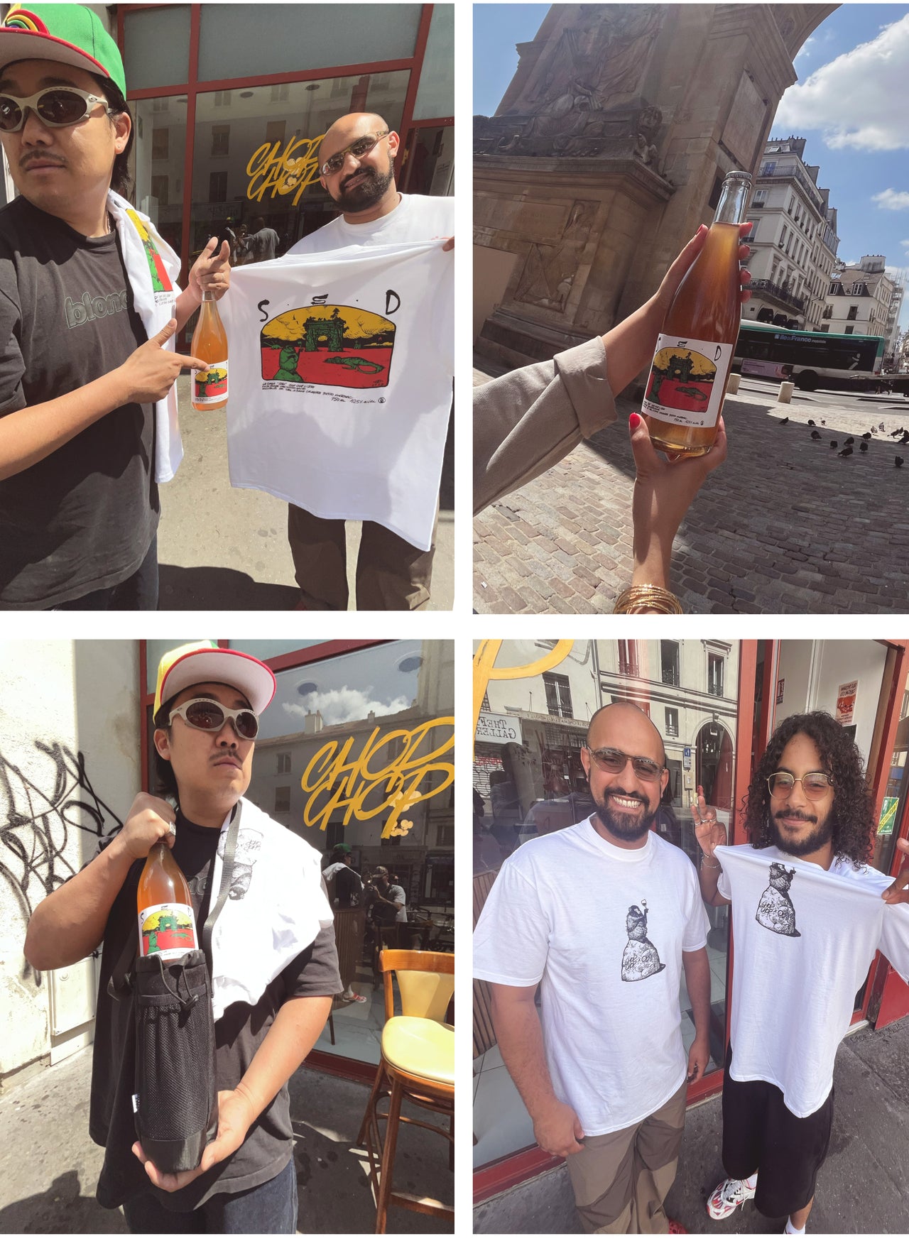 Collage of people wearing t-shirts and holding drinks in an urban setting