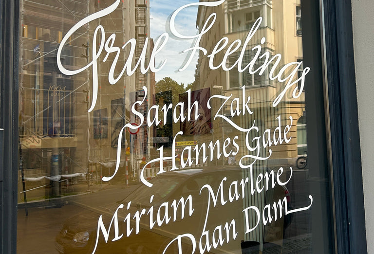Promotional window display for 'True Feelings' photography group exhibition 