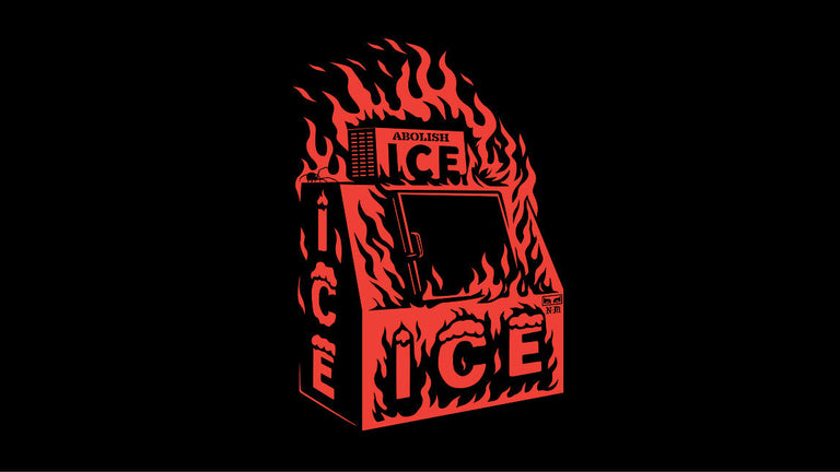 Flaming ice machine with 'Abolish ICE' text on a black background