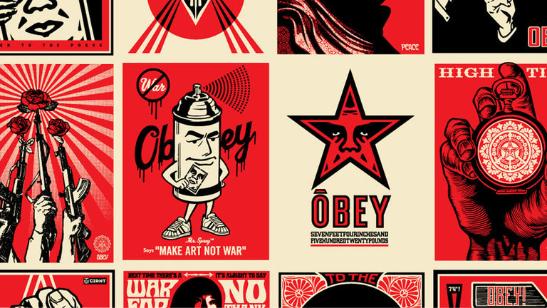 Collection of 'Obey' graphic designs with various images and text on a beige background