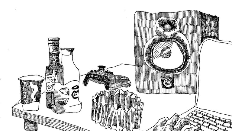 Illustration of a desk with various items including a computer, coffee cups, and office supplies.
