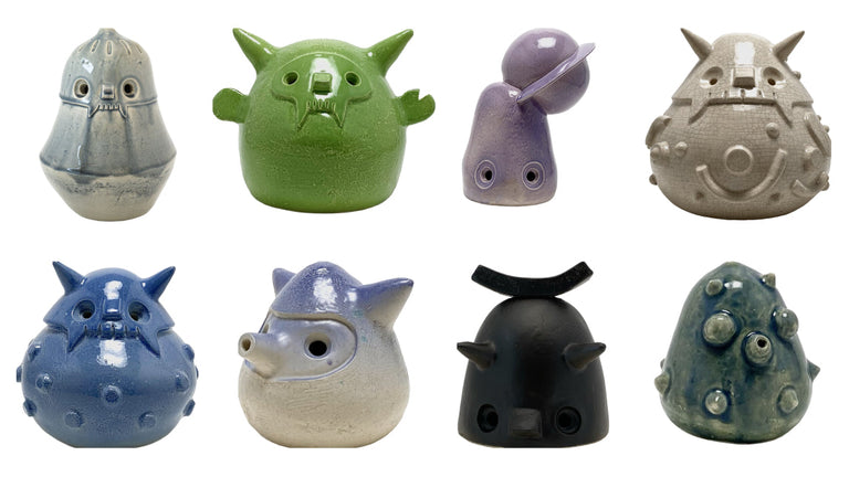 Collage of ceramic sculptures in various colors 