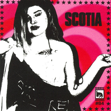 Pink and red heart background with a black and white image of a woman in a dress with her arm up. There are stars on the border of the image and the text reads "Scotia"