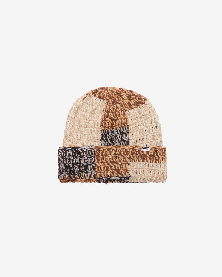 PATCHWORK RIB BEANIE BROWN MULTI