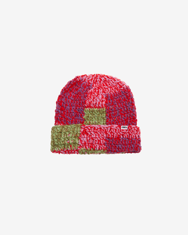 PATCHWORK RIB BEANIE RED MULTI