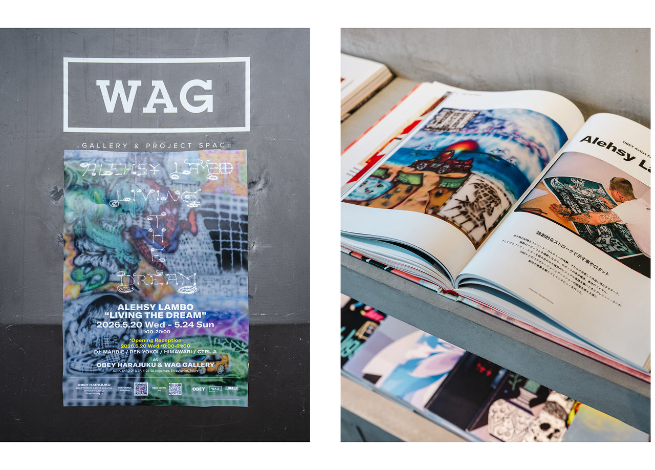 Magazine with 'WAG' branding and colorful cover on a gray surface, open magazine showing artwork.