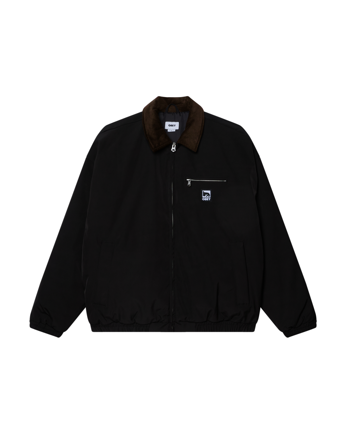 A black zip-up jacket with a brown corduroy collar and a small white embroidered logo on the left chest, displayed flat against a white background. (zoomed)