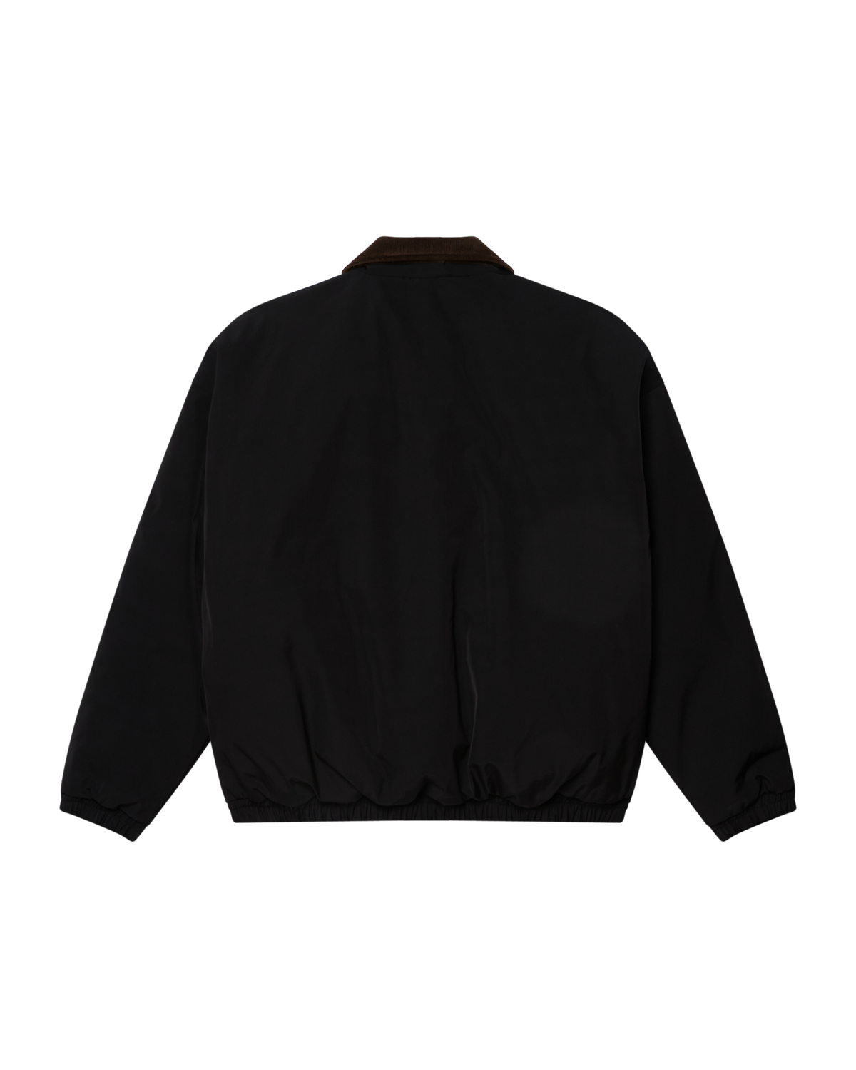 A black lightweight jacket shown from the back, featuring a simple collar and a subtle circular patch on the left shoulder, photographed against a solid white background.