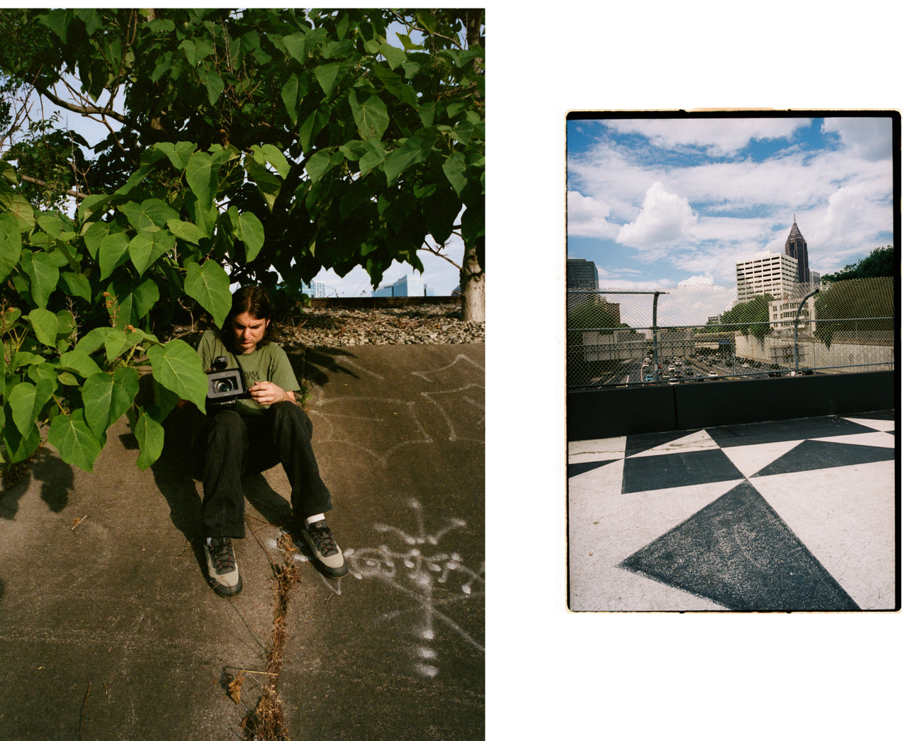 Right: Person sitting under a tree. Left: A cityscape in the background