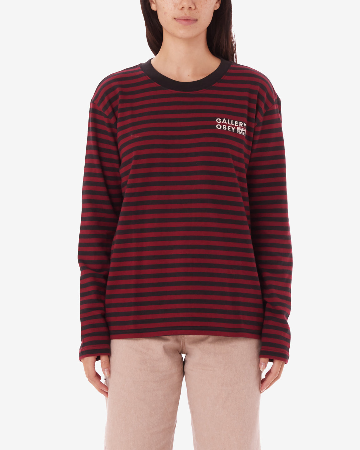 obey gallery ls stripe t shirt red multi