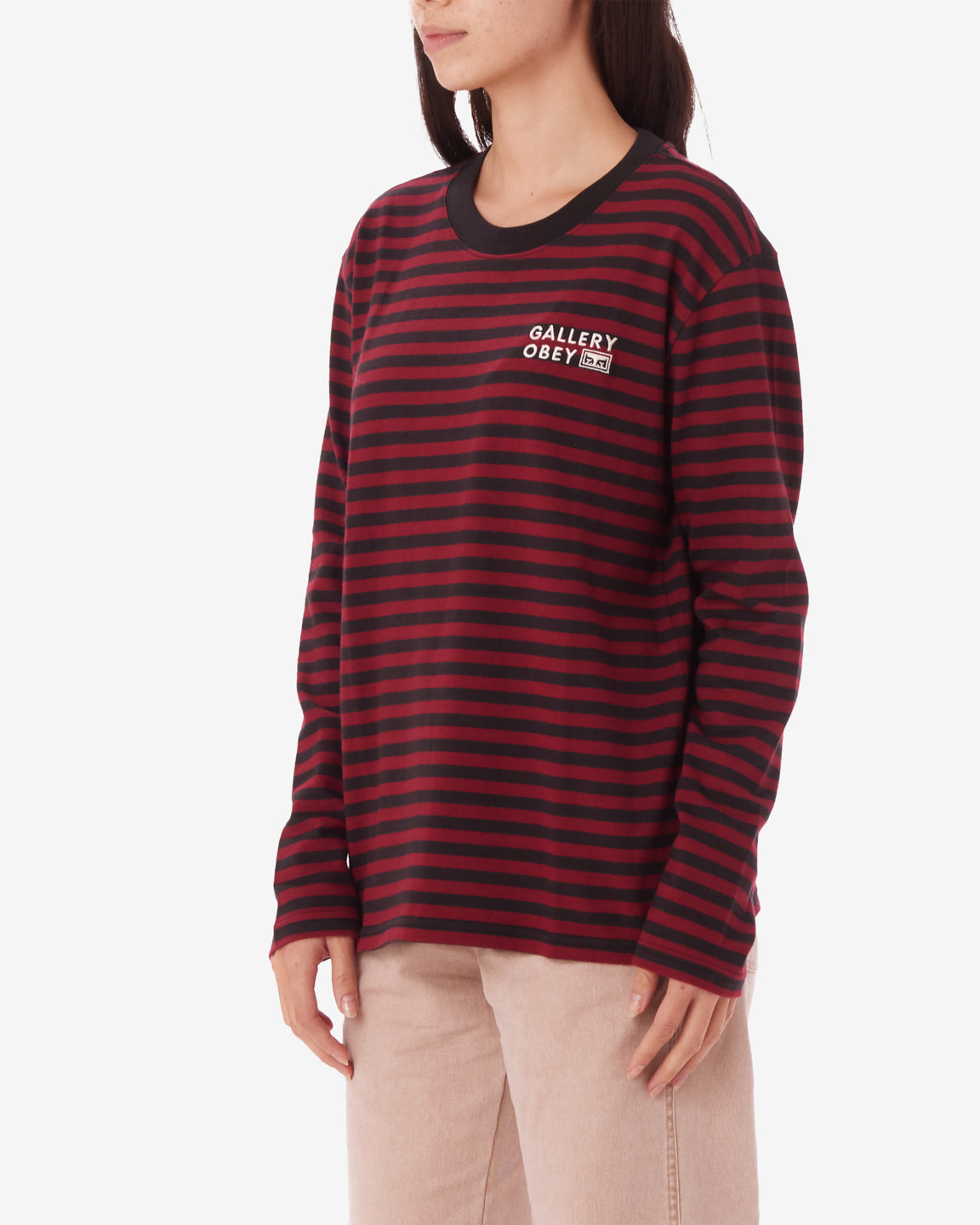 obey gallery ls stripe t shirt red multi