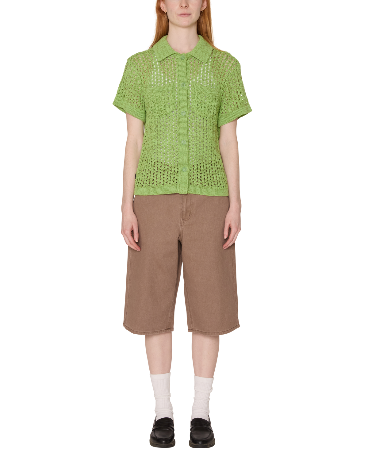 obey milly open knit sweater light green multi