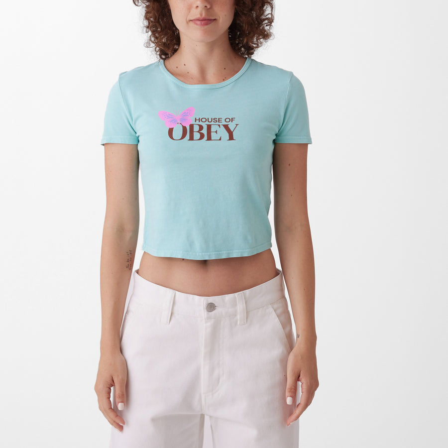 HOUSE OF OBEY BUTTERFLY CROPPED CHLOE FITTED T-SHIRT PASTEL TURQUOISE