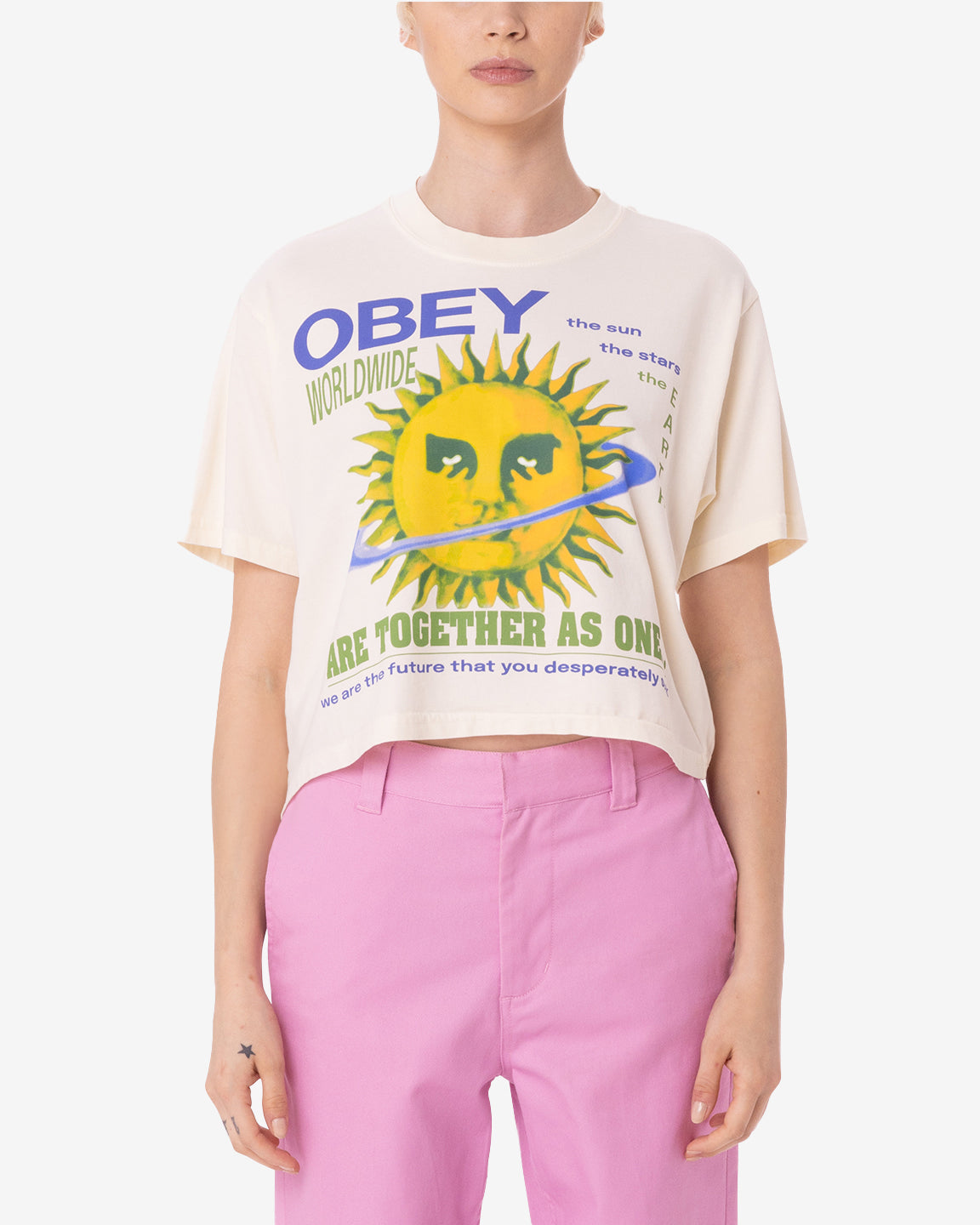 Obey bear hug cropped t-shirt in white