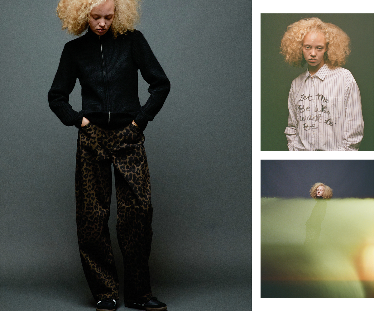 A three-panel fashion collage featuring a model with voluminous blonde hair. The large left panel shows her wearing a black zip-front cropped sweater and leopard-print trousers against a dark gray studio background.