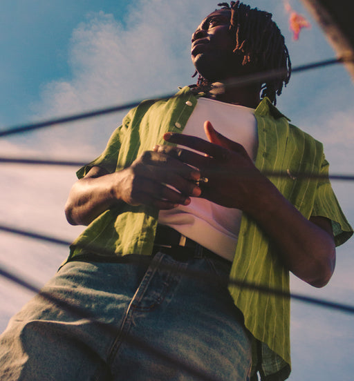 Person wearing a green shirt and blue jeans with a blue sky background