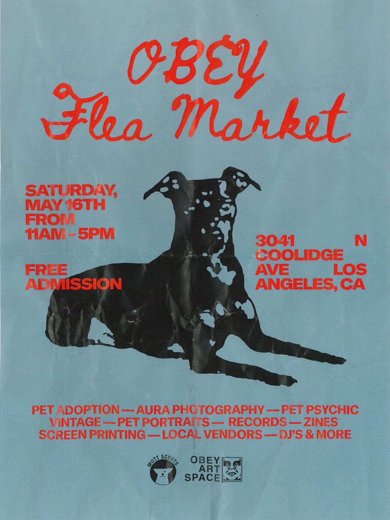 flyer for OBEY Flea Market with a dog illustration on a light blue background