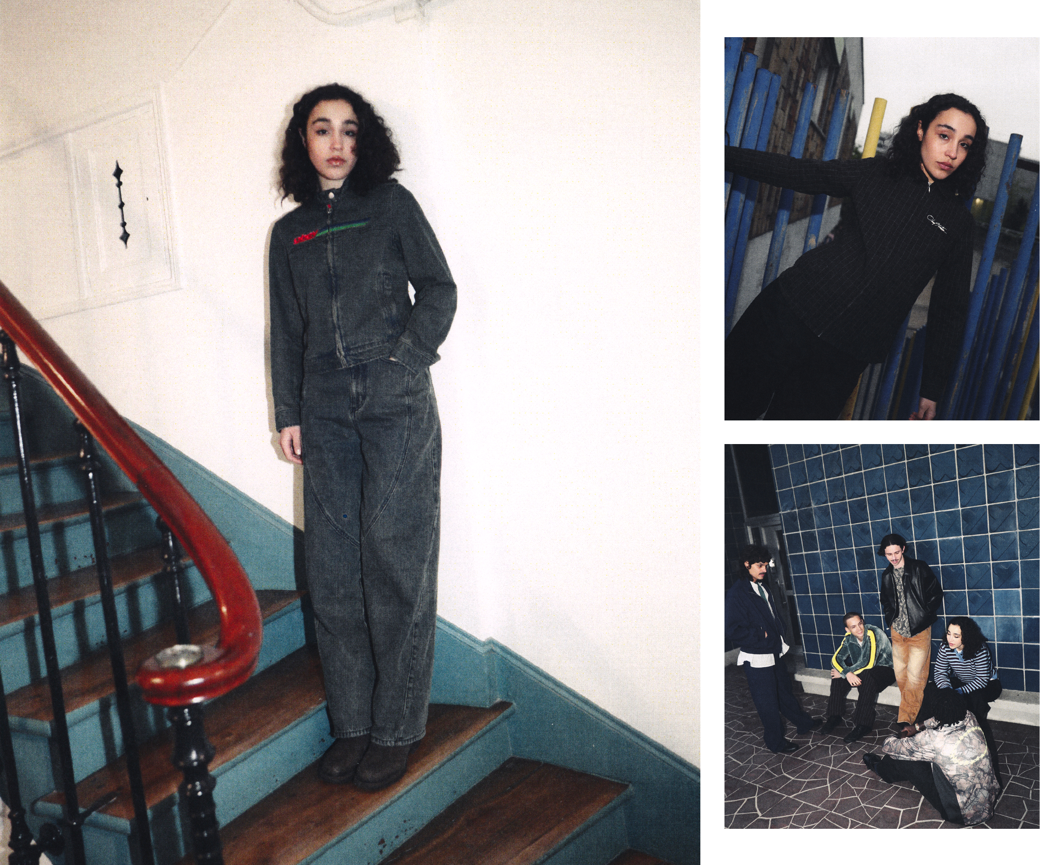 A fashion editorial collage featuring a model wearing a dark gray zip-up hoodie and matching wide-leg jeans on a staircase, with two smaller inset photos on the right showing additional styled looks.